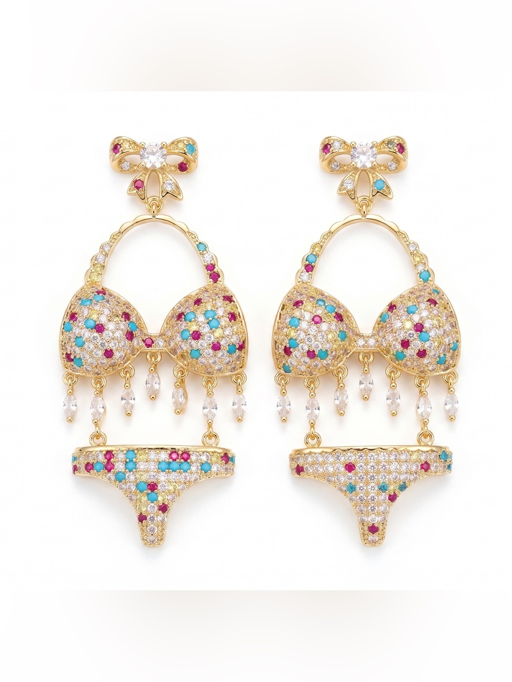 GOLD COLORFUL BIKINI CZ DANGLE EARRINGS